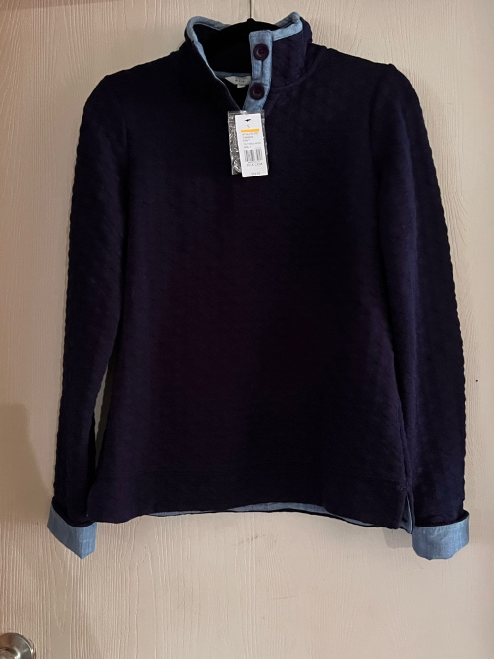 Navy Quilted Pullover with Chambray Trim
